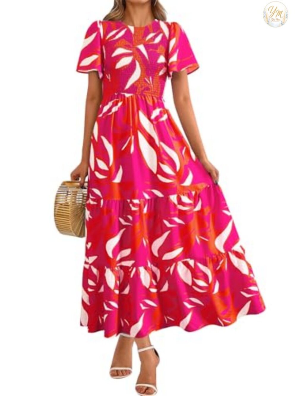 PRETTYGARDEN Women's Flutter Sleeve Smocked Maxi Dress Tiered A-Line